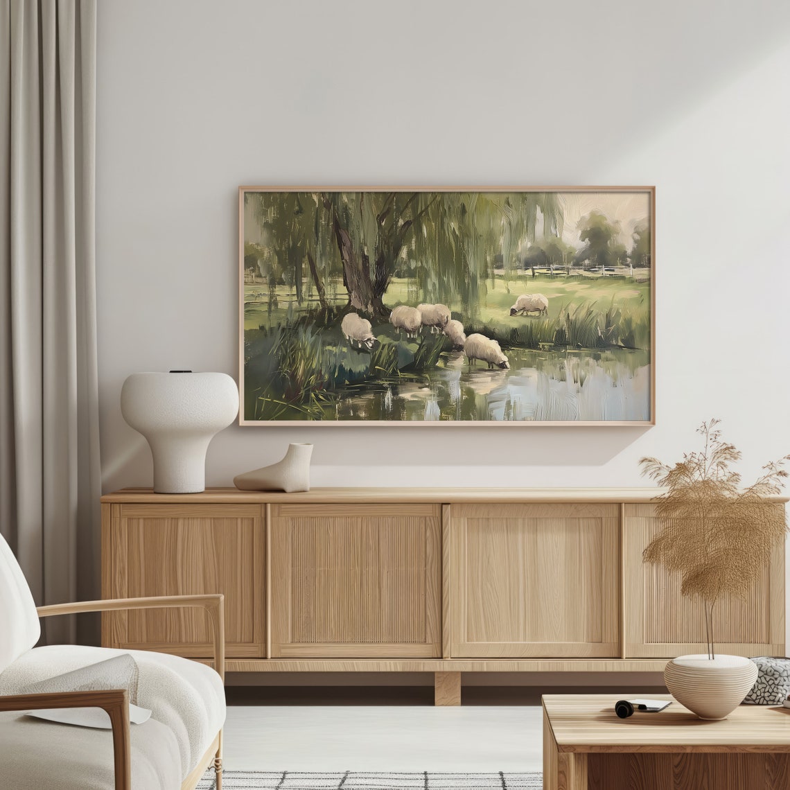 Sheep Drinking At A Pond Under Willows Vintage Country Poster - Image 3
