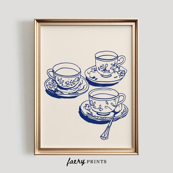 Teacups Line Art Print Coquette Wall High Tea Kitchen Poster Antique English Cups 1153