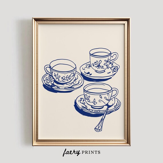Vintage Teacups Line Art Kitchen Poster with Antique English Tea Cups