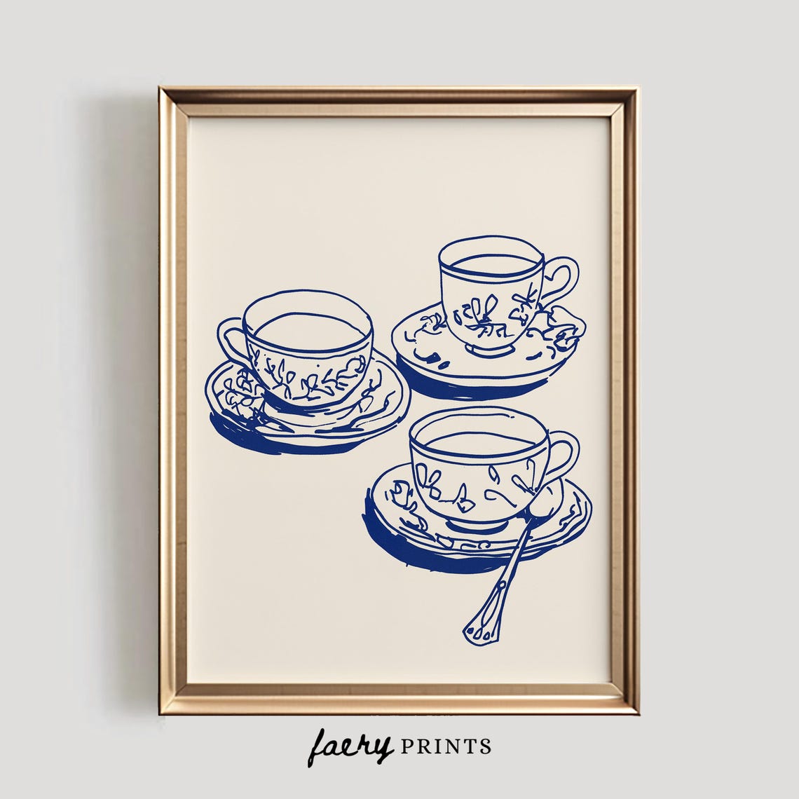 Vintage Teacups Line Art Kitchen Poster with Antique English Tea Cups