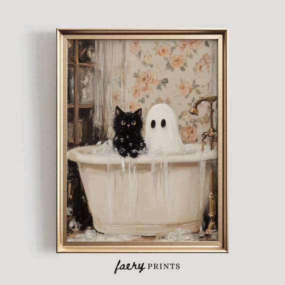 Ghost And Cat In Bathtub Halloween Bathroom Art Print