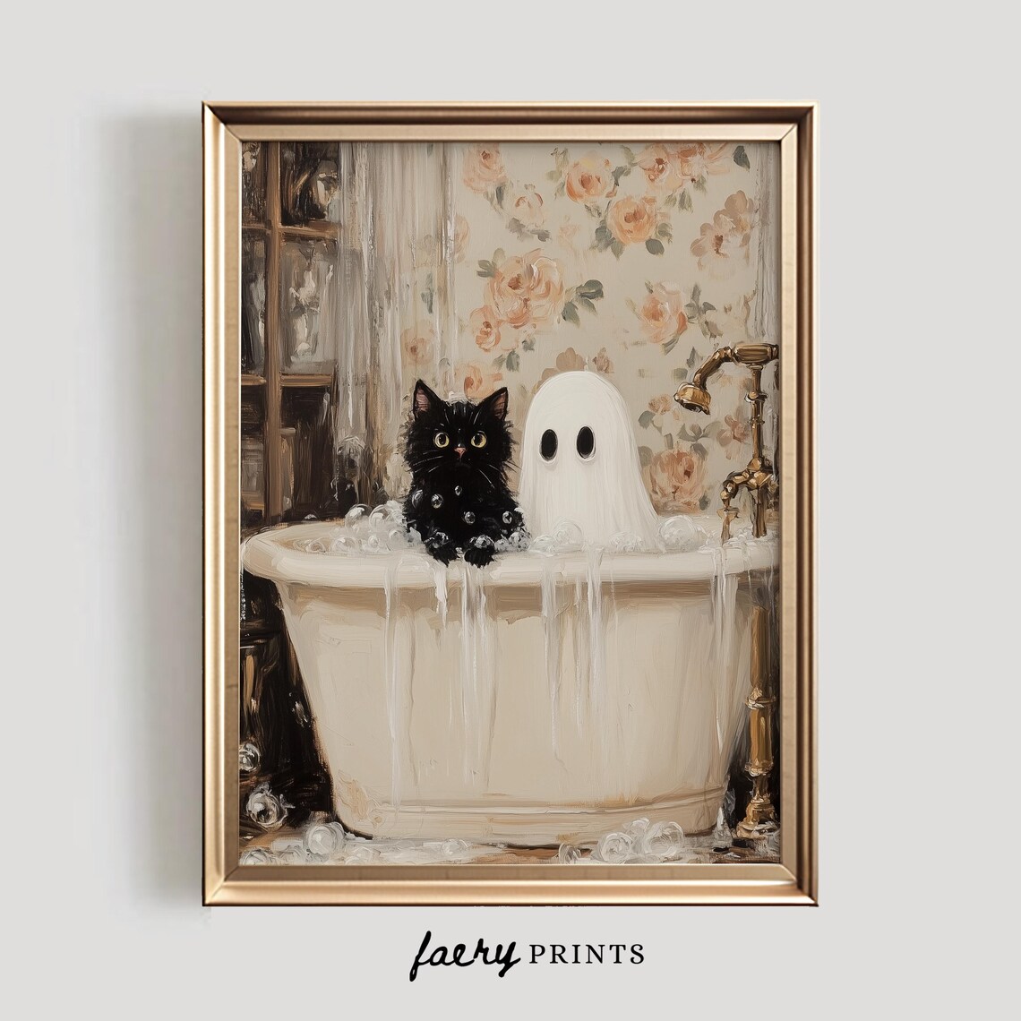 Ghost And Cat In Bathtub Halloween Bathroom Art Print