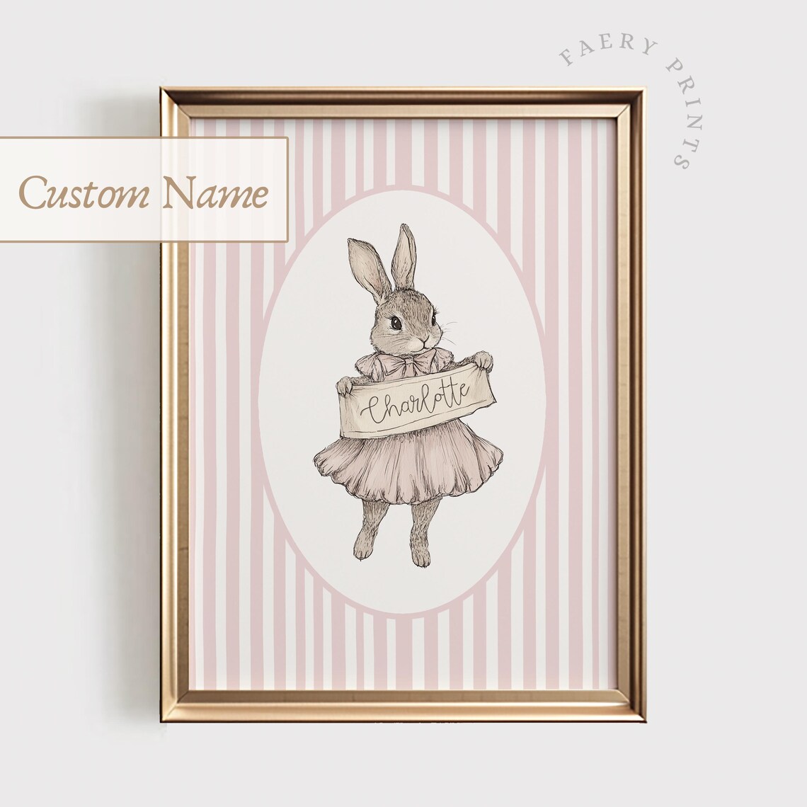 Custom Baby Name Nursery Print Vintage Rabbit Wall Art Pink Decor Personalized Girl 1227