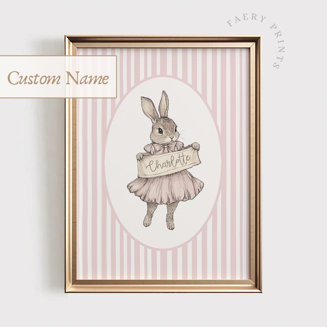 Custom Name Pink Nursery Rabbit Poster with Vintage Bunny in Dress