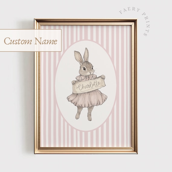 Custom Baby Name Nursery Print Vintage Rabbit Wall Art Pink Decor Personalized Girl 1227