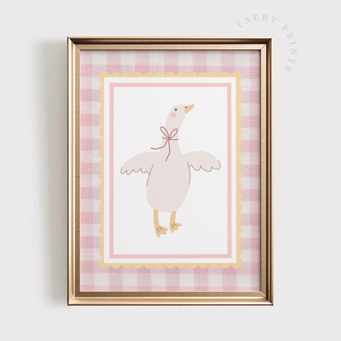 Cute Goose With Bow On Pink Gingham Background Nursery Art Poster