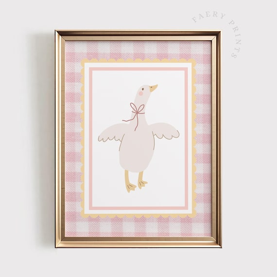 Cute Goose With Bow On Pink Gingham Background Nursery Art Poster