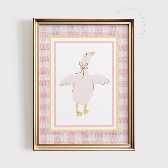 Pink Goose Art Print Coquette Nursery Wall Gingham Baby Room Decor Cute Farm Animal Shower Gift 1435