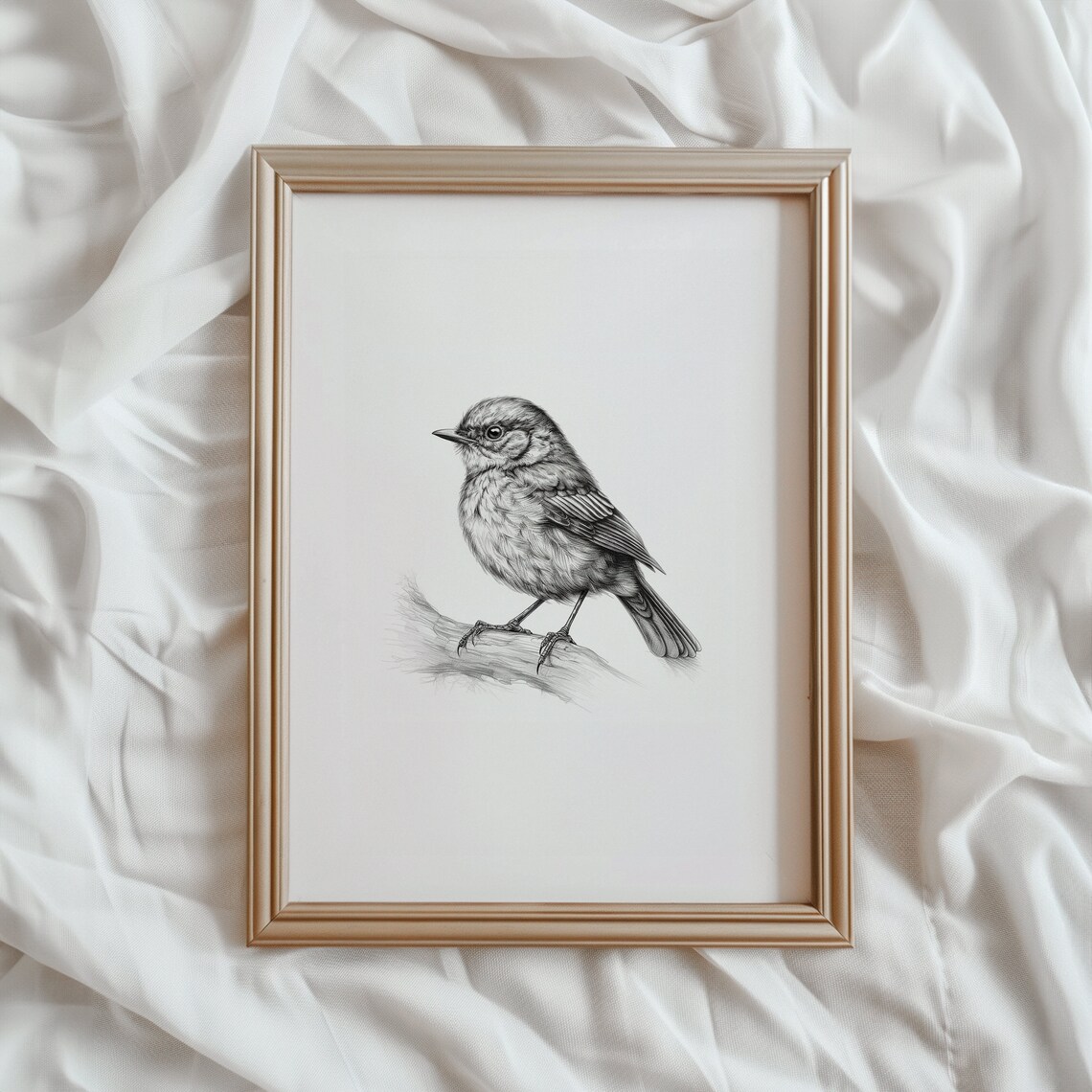 Chickadee Bird Sketch Art Print, Monochrome Drawing