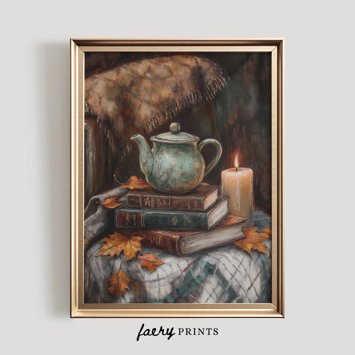 Vintage Teapot on Stack of Old Books with Candle Autumn Still Life Poster