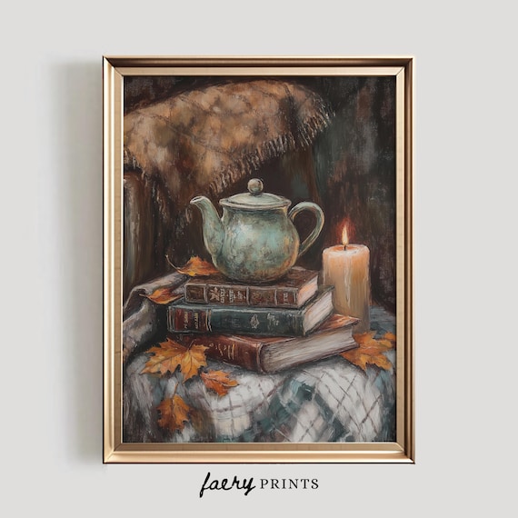 Vintage Teapot on Stack of Old Books with Candle Autumn Still Life Poster
