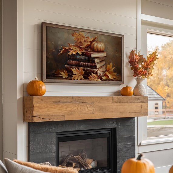 Rustic Fall Still Life Stack Of Books With Pumpkins Autumn Leaves TV Art Poster
