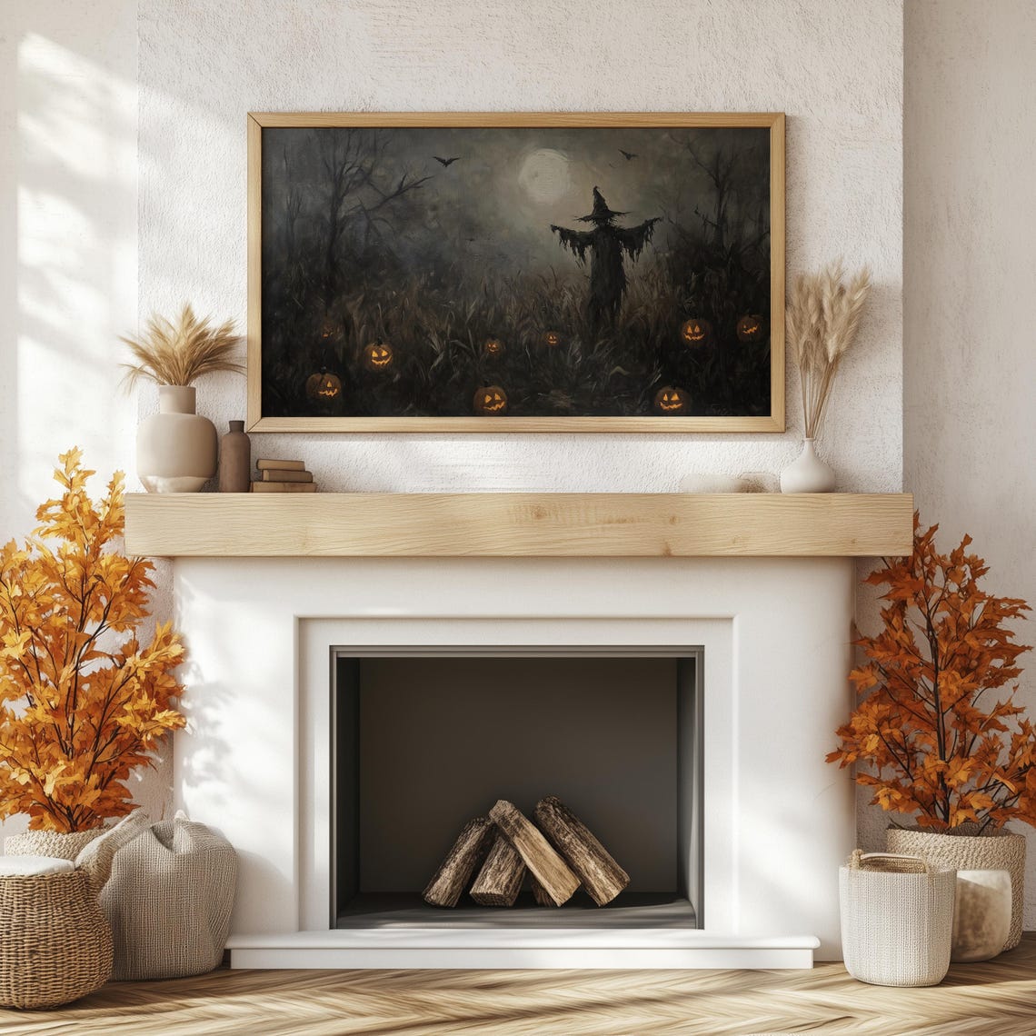 Scarecrow Pumpkin Patch Moonlit Night Spooky Halloween Art Poster - Image 2