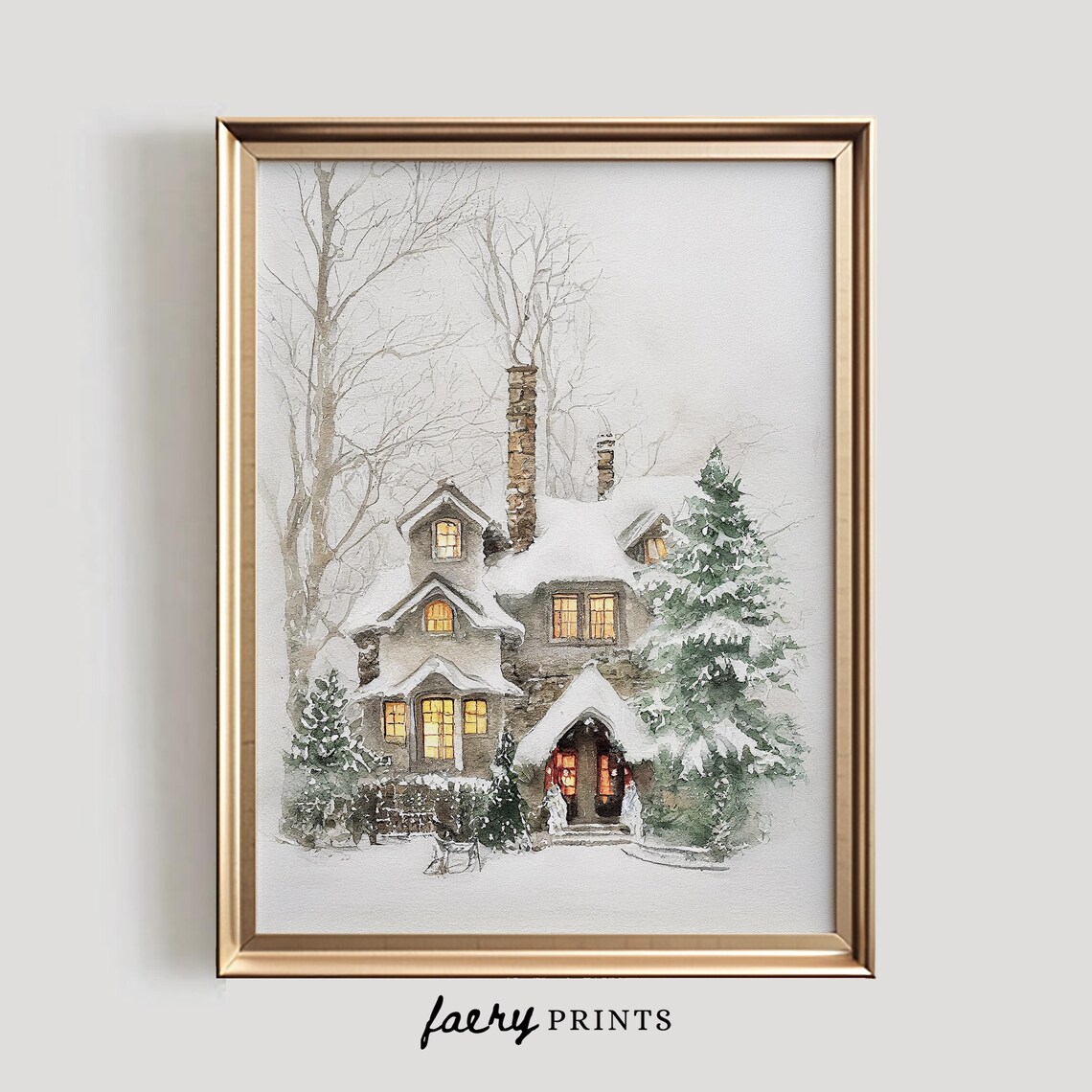 Winter Snowy White Watercolor Holiday Home Art Print
