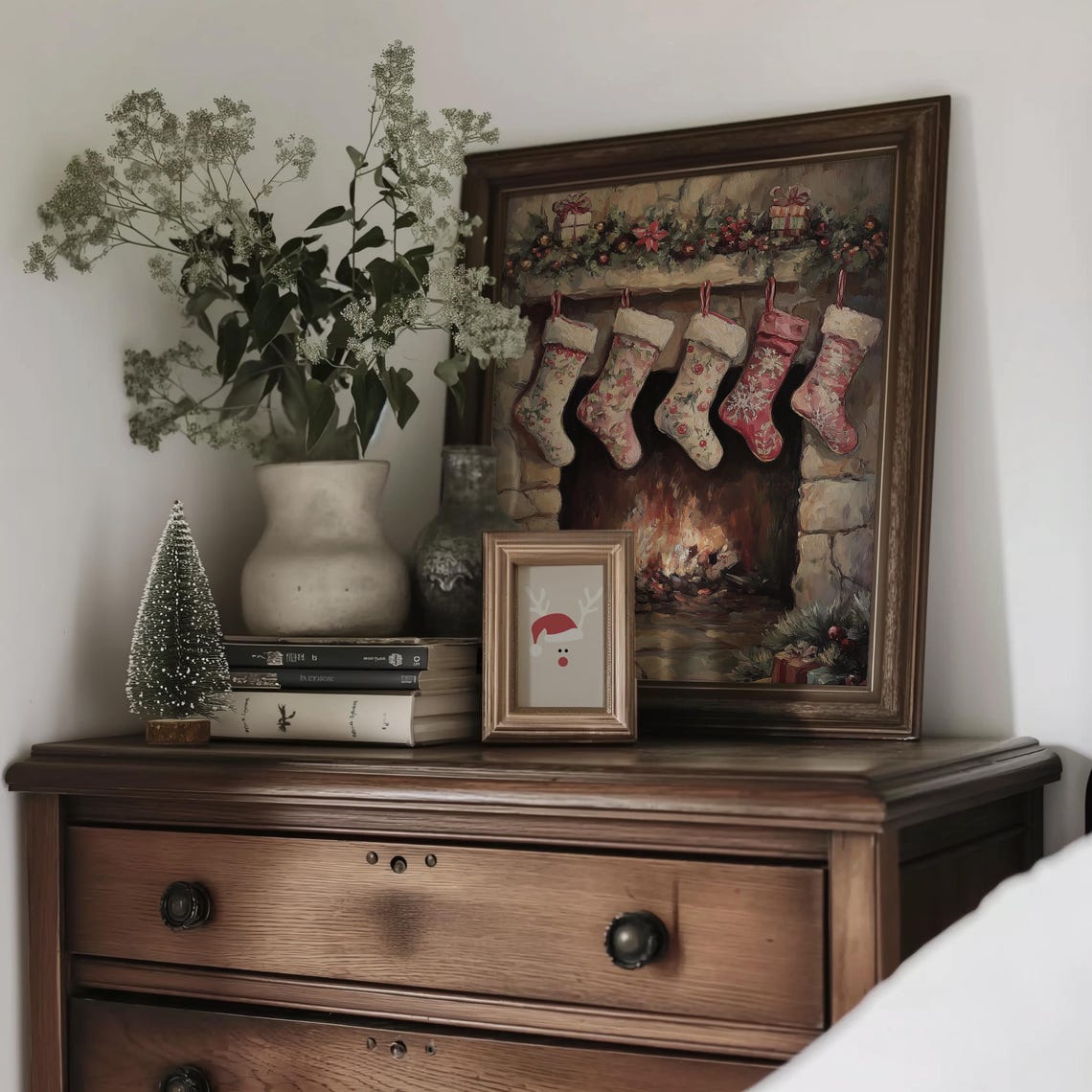 Five Patterned Christmas Stockings on Festive Fireplace Mantel Poster - Image 2