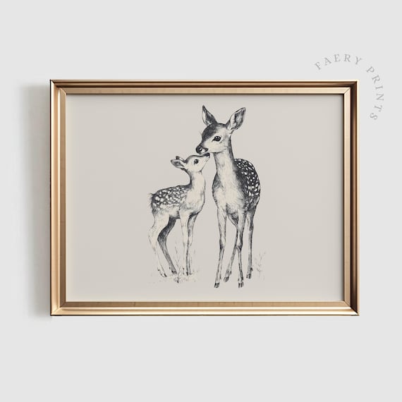 Mother Deer and Fawn Black and White Woodland Sketch Art Poster