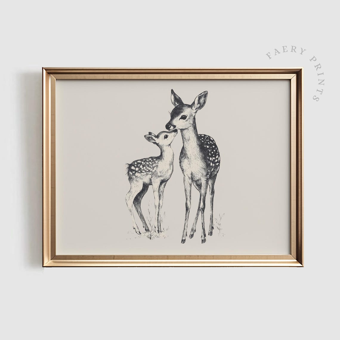 Mother Deer and Fawn Black and White Woodland Sketch Art Poster