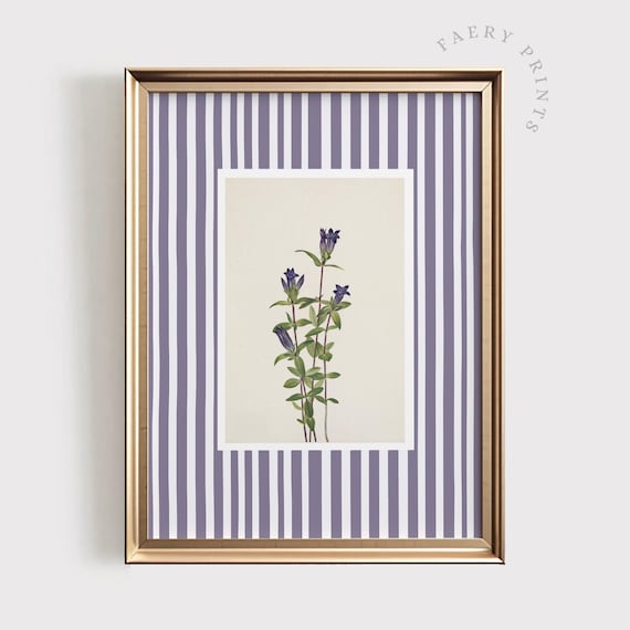 Purple Lilac Vintage Botanical Flower Poster on a Striped Background