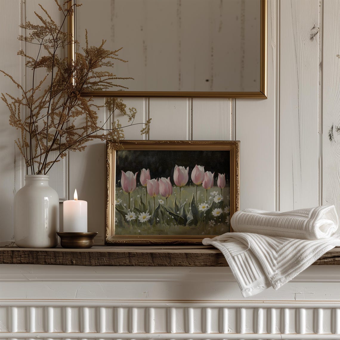 Row of Pink Tulips With White Daisies in Sunny Meadow Art Poster - Image 4