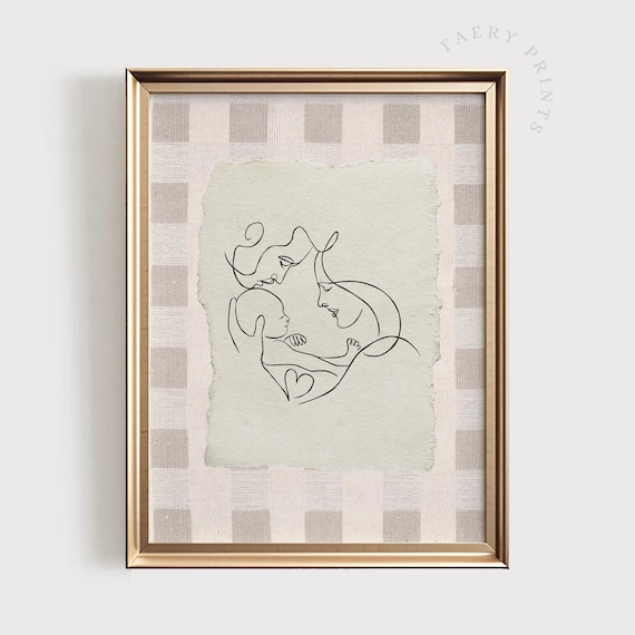 Minimalist Mother And Child Line Art With Gingham Border Family Poster