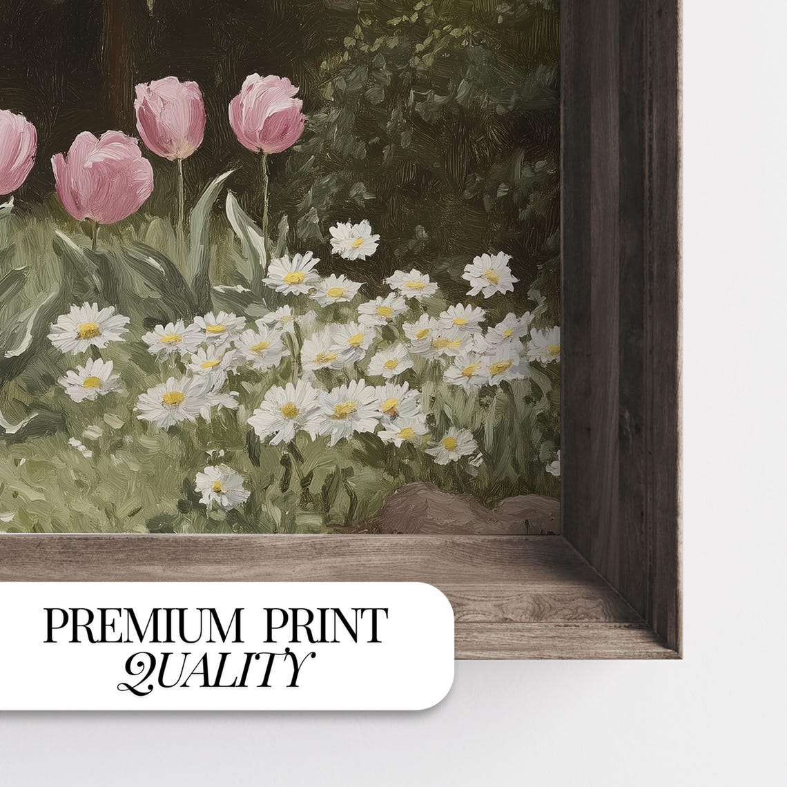 Pink Tulips and Daisies Blooming in Lush Spring Garden Art Poster - Image 2