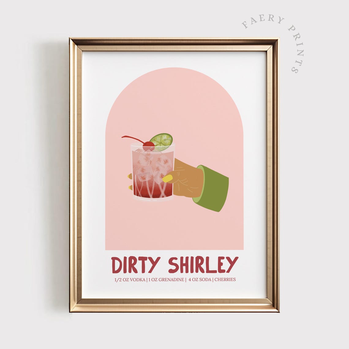 Dirty Shirley Cocktail Recipe Retro Bar Cart Cherry Pink Poster