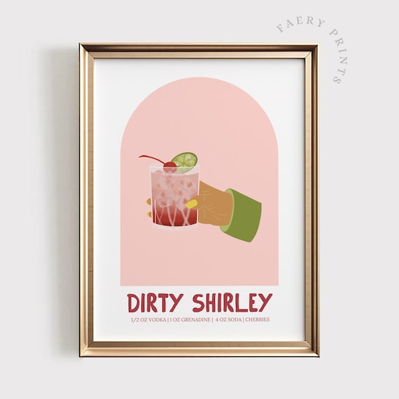 Dirty Shirley Cocktail Recipe Retro Bar Cart Cherry Pink Poster