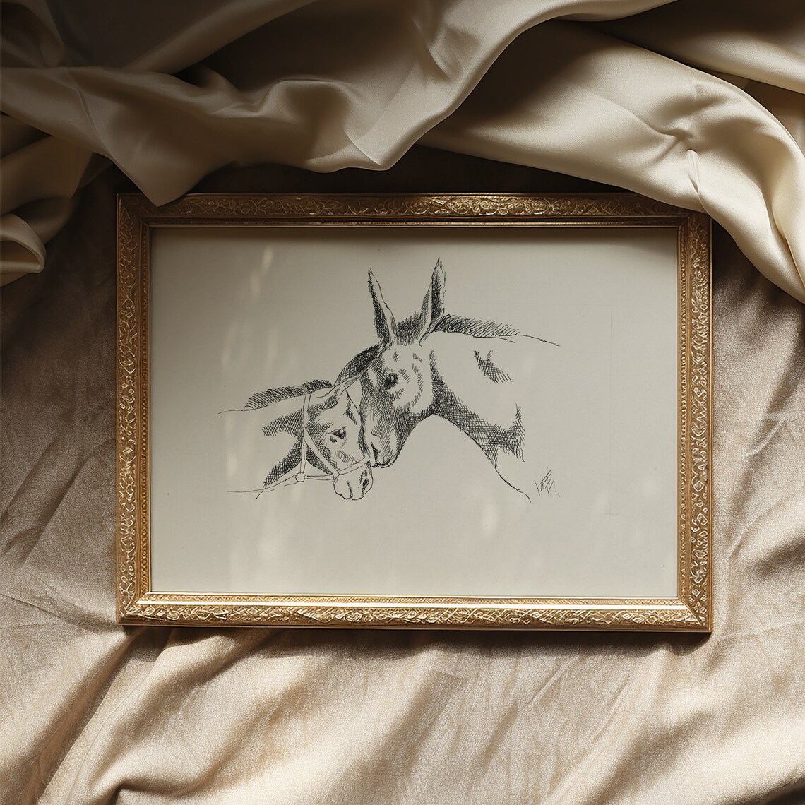 Two Donkeys Nuzzling Vintage Ink Sketch Rustic Farmhouse Animal Art Poster - Image 2