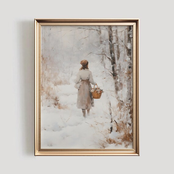 Woman With Basket Walking Snowy Birch Forest Winter Painting Poster