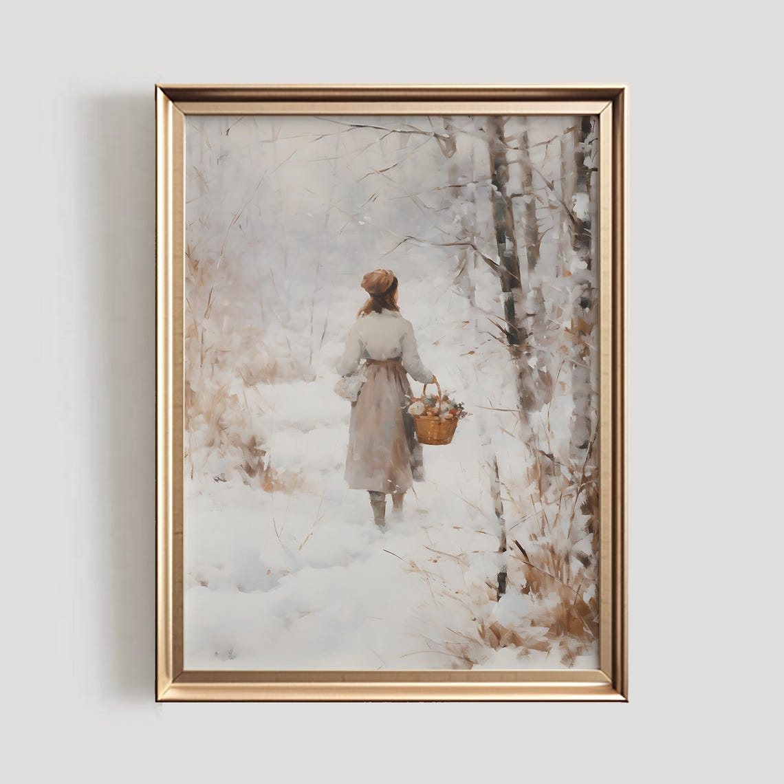 Woman With Basket Walking Snowy Birch Forest Winter Painting Poster