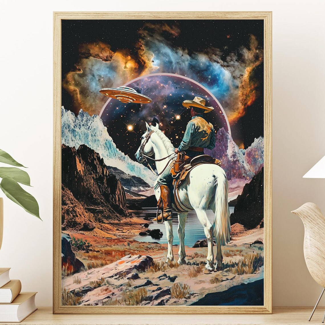 Western Fantasy Cowboy Horse Poster, Surreal Landscape