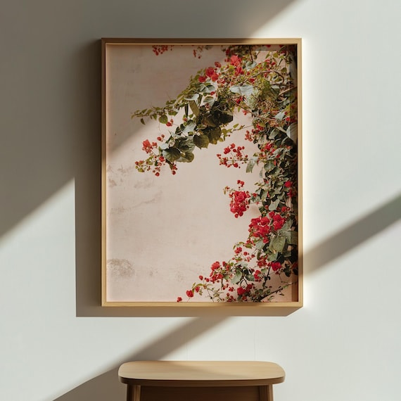 Bougainvillea Wall Art Print Mediterranean Floral Poster Rustic Pink Background Decor Botanical For Home
