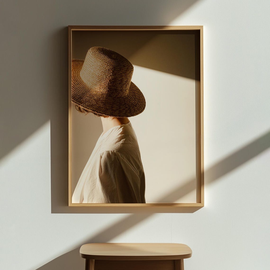 Woman In Straw Hat Photography Poster Warm Sunlight Neutral Wall Decor