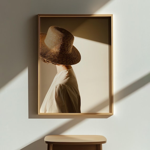 Woman In Straw Hat Photography Poster Warm Sunlight Neutral Wall Decor