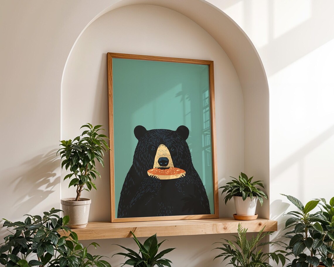 Adorable Black Bear Eating Pie Slice Minimalist Teal Kitchen Poster - Image 2