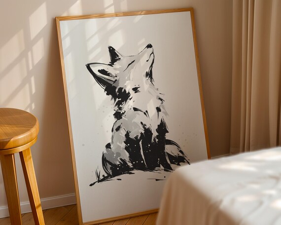 Monochrome Fox Gazing Up in Japanese Ink Wash Wall Art in Bold Black Brushstrokes