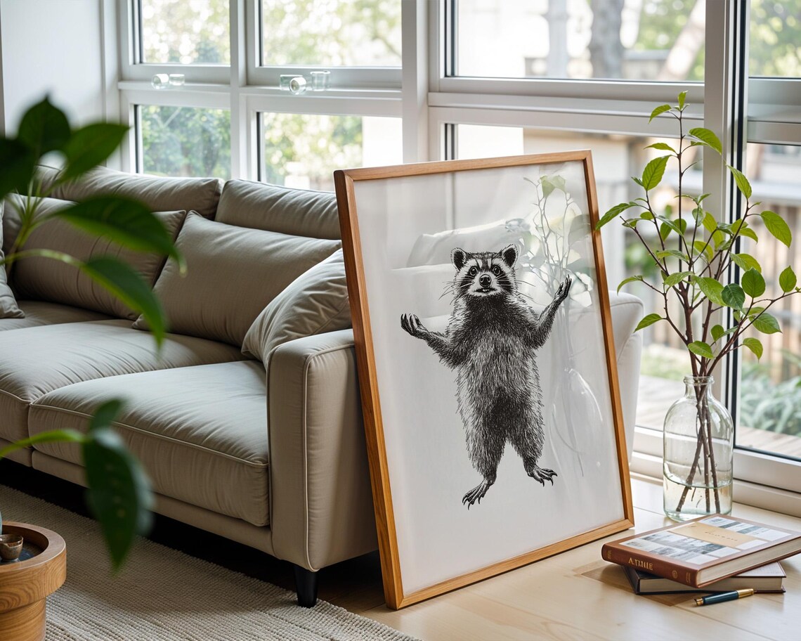 Vintage Standing Raccoon Engraving Animal Poster for Rustic Office Decor