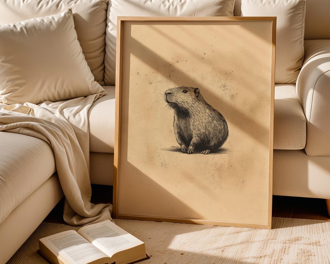 Vintage Capybara Art Print, Kitchen Office Decor