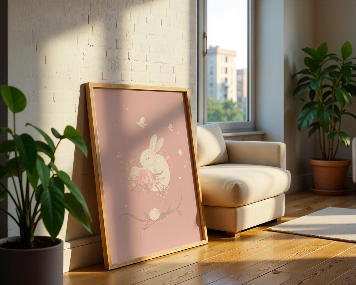 White Bunny with Flowers on Soft Pink Nursery Animal Wall Art - Image 2