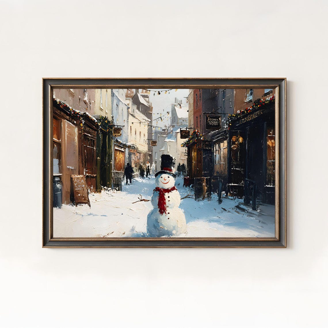 Vintage Snowman City Street Oil Painting Christmas Village Holiday Art 926