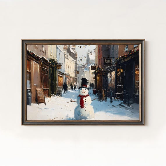 Cheerful Snowman on Snowy Decorated City Street Christmas Poster