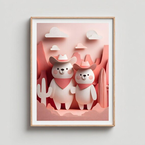 Cowboy Teddy Bears Pink Desert Canyon Paper Cut Nursery Art Poster
