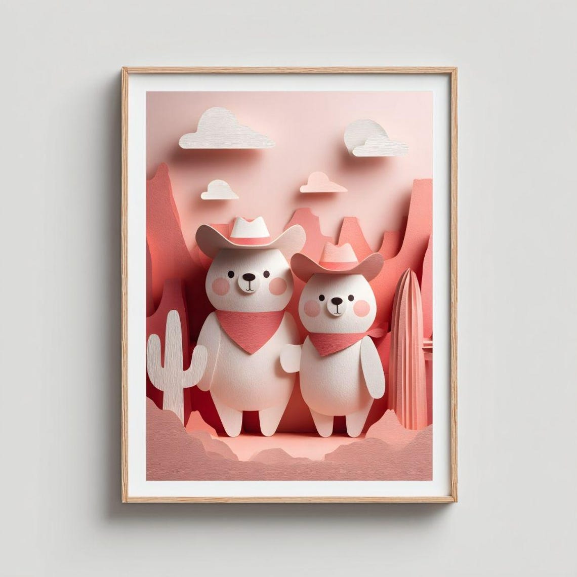 Cowboy Teddy Bears Pink Desert Canyon Paper Cut Nursery Art Poster