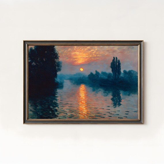 Impressionist River Sunrise Painting Golden Water Reflection Classic Poster