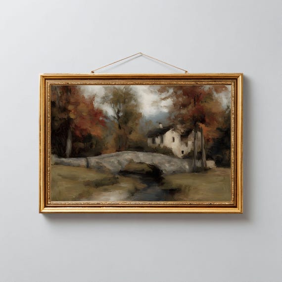 Rustic Fall Stone Bridge Landscape Oil Painting Vintage Farmhouse Wall Art 245