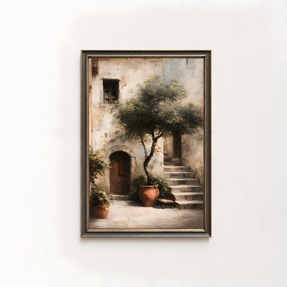 Mediterranean Courtyard Terracotta Pots Vintage Oil Painting Rustic Wall Poster