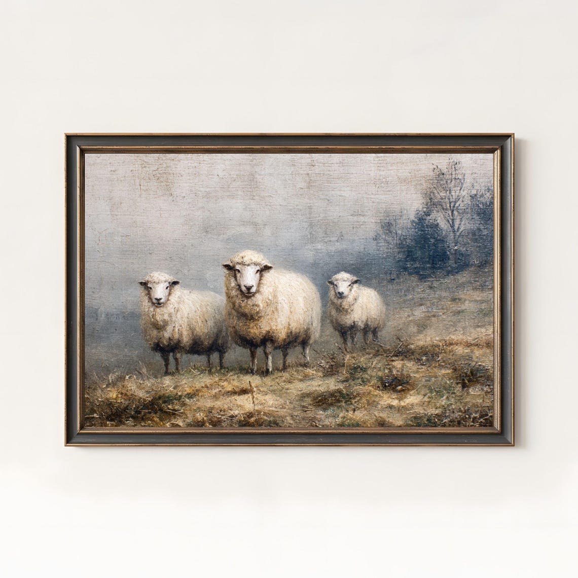 Three Sheep Misty Pasture Vintage Rustic Farmhouse Animal Art Poster