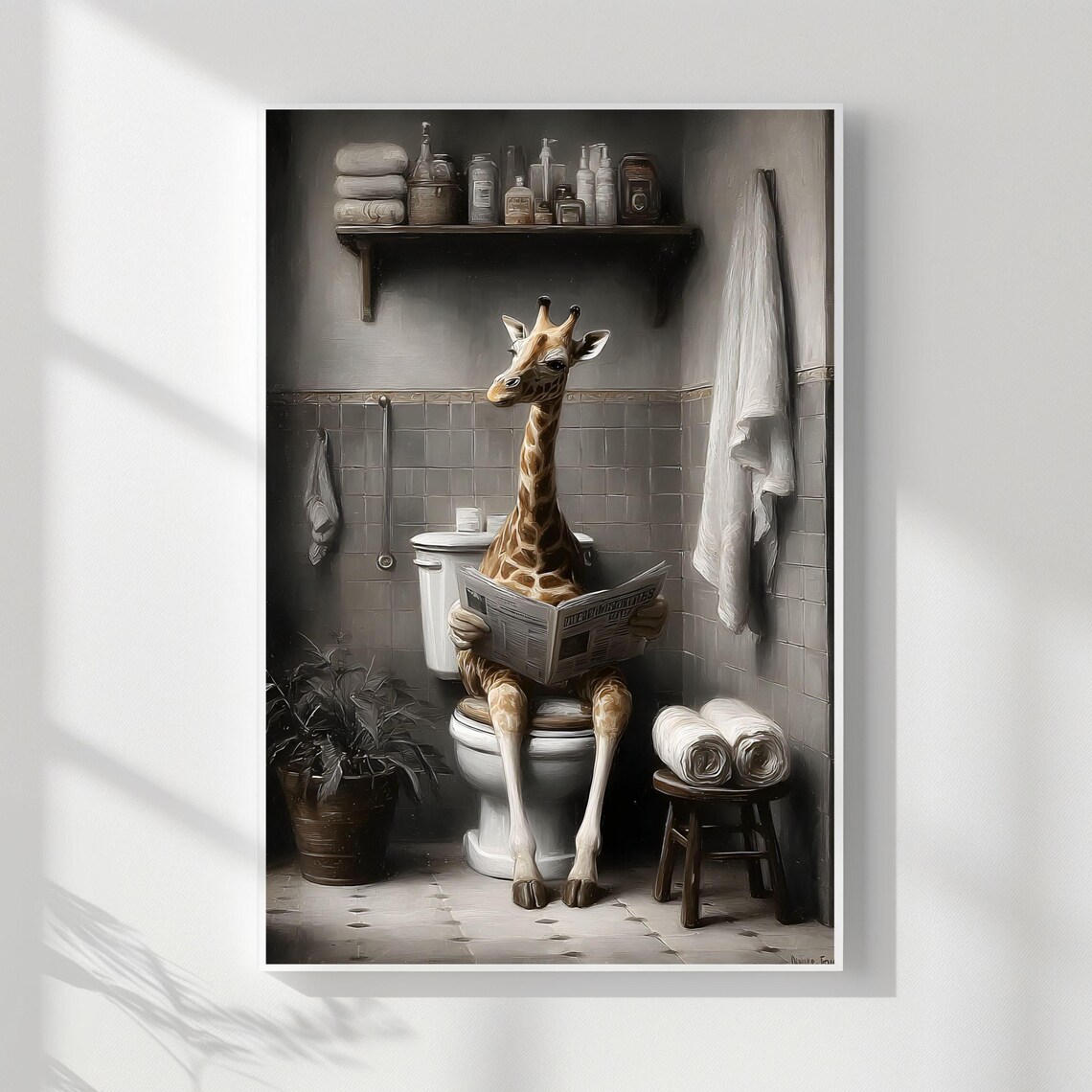Funny Giraffe Reading Newspaper On Toilet Bathroom Humor Animal Poster