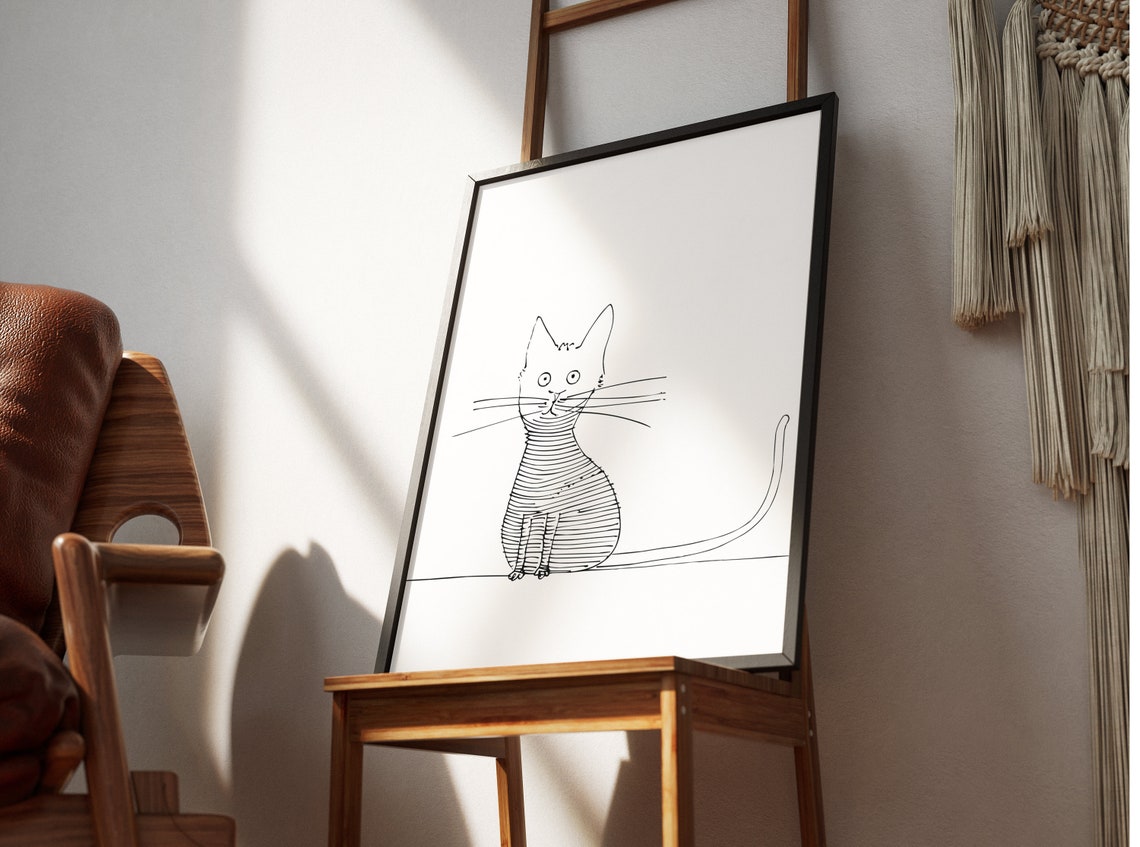 Funny Striped Cat Doodle Long Whiskers Minimal Line Drawing Cat Poster - Image 3