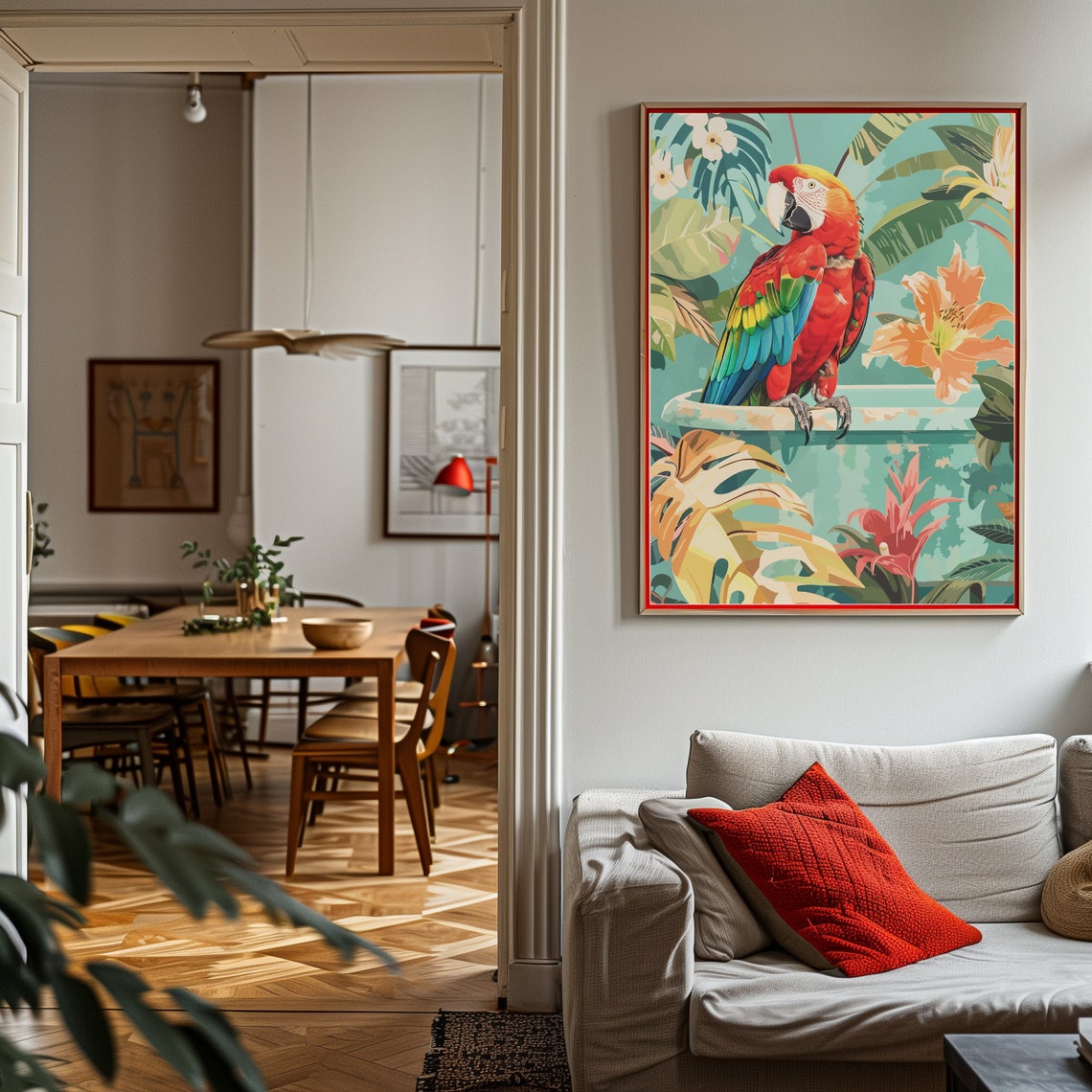 Scarlet Macaw Parrot Bathing in a Tropical Jungle Botanical Poster - Image 2